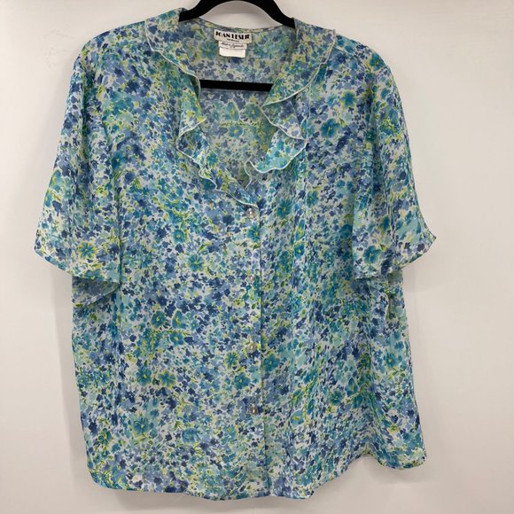 Joan Leslie Skirt Set 22W Blue White Button Down Blouse Floral Vintage - Picture 2 of 16